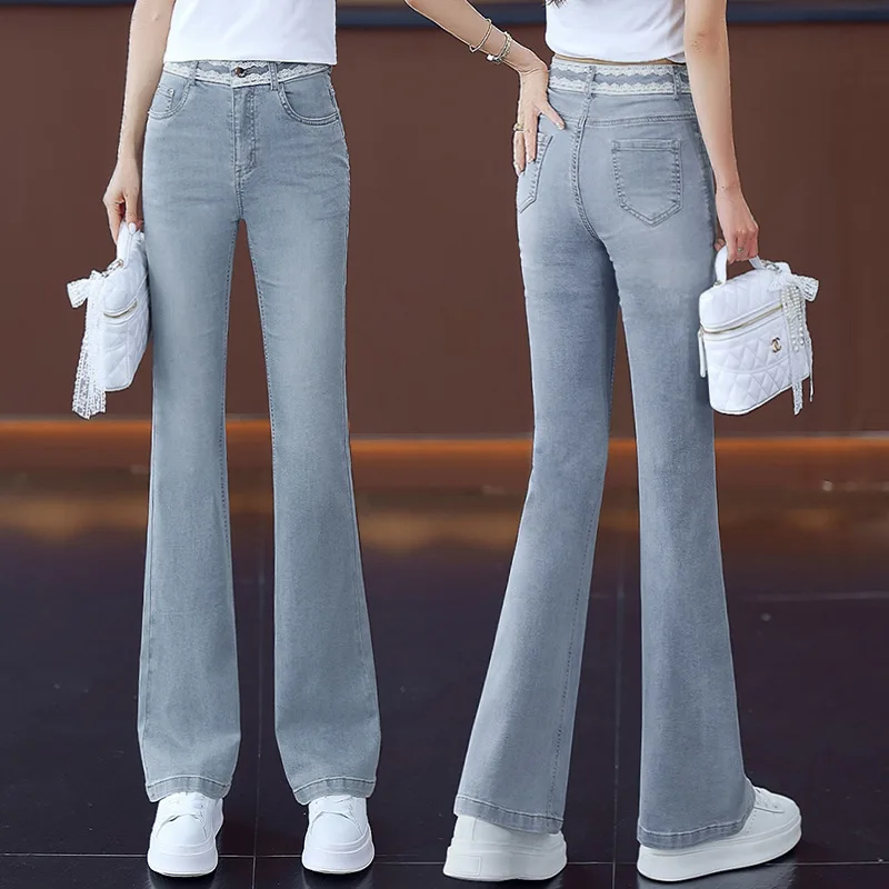 

Light-colored Soft Denim Flared Pants for Women, Thin Summer New Cool Ice Silk Lace Bell-bottom Pants