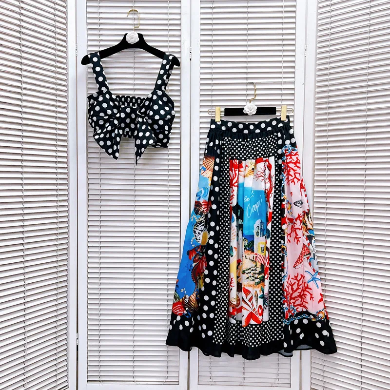 

Women`s Polka Dot Small Sling Long Skirt Two Piece Set Black White Strapless Crop Top Starfish And Conch Print Beach Party Dress