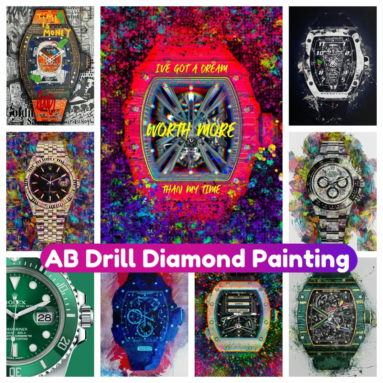 5D AB Diamond Painting Graffiti Luxury Watches Everose Rose Gold DIY Full Drill Mosaic Embroidery Cross Stitch Home Decor