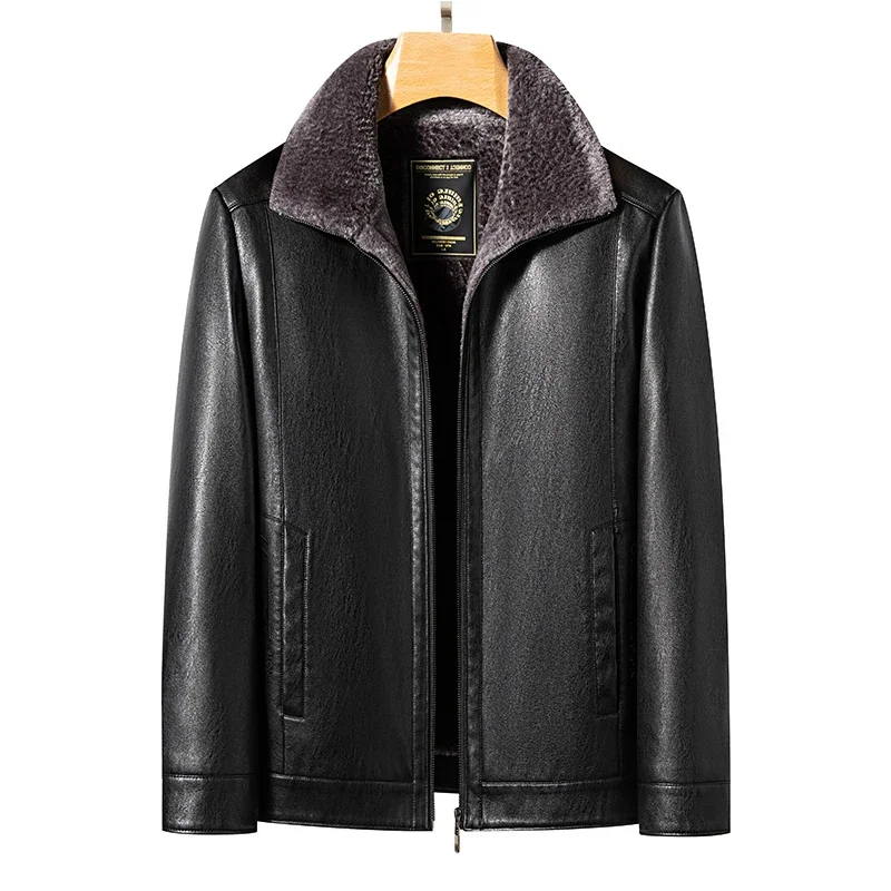 

ZDT-8019 Winter Men's Genuine Leather Coat With Lapel And Fur Integrated Jacket Plush Thickened Warm Casual