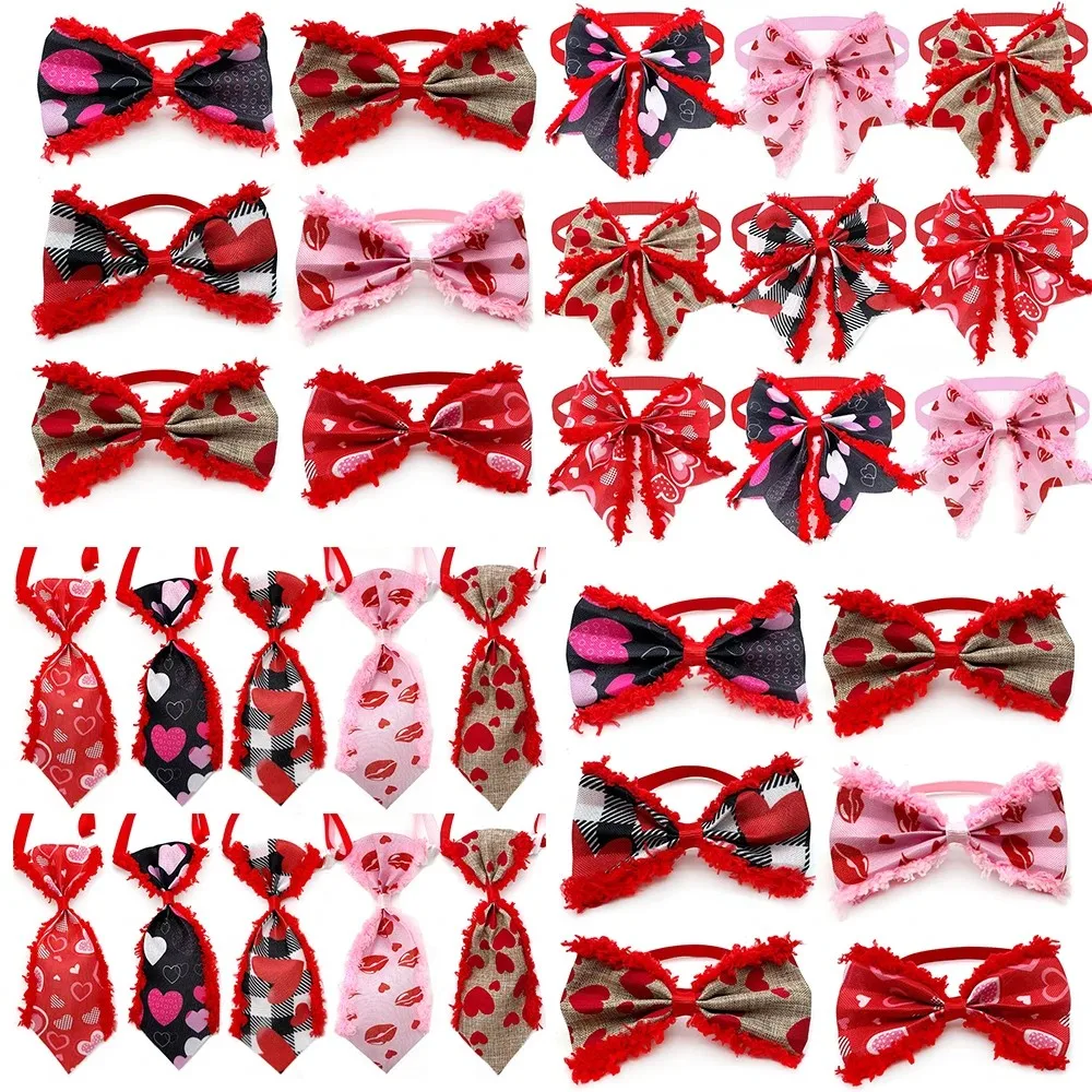 50pcs Cute Plush Valentine's Day Style Pet Dog Bowtie Adjustable Dog Collar Pet Bow Neckties for Small Dog Pet Supplies Red Bows