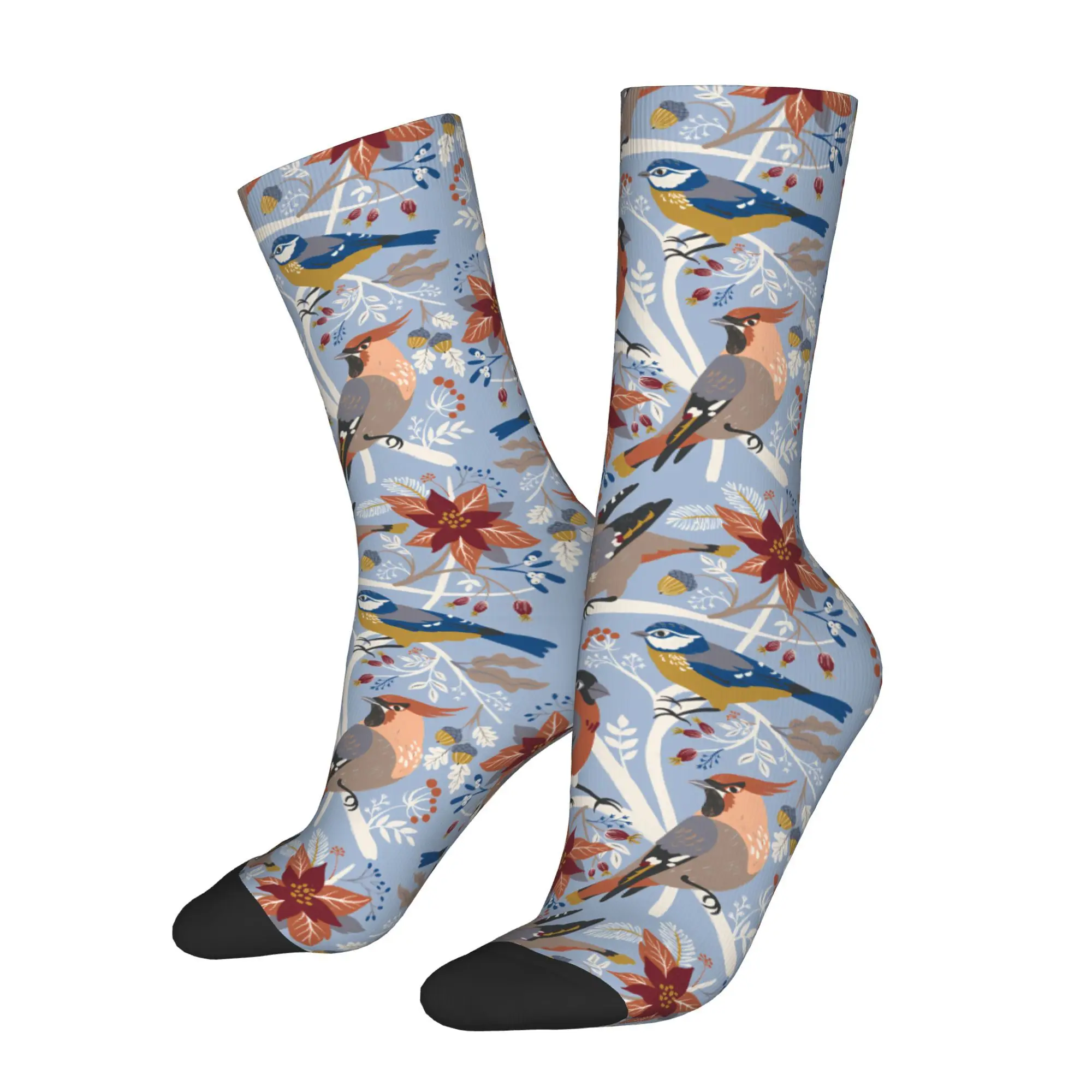 1pc Winter Birds and Christmas Floral Printed Men's Socks  Novelty Hip Hop Harajuku Pattern Crew Sock Casual Gift