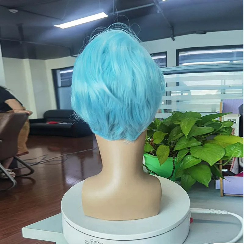 Short Straight Light Blue Wig Synthetic With Bangs Cosplay Halloween Wigs For Men Boy Daily Wear Nature Heat Resistant Fake Hair