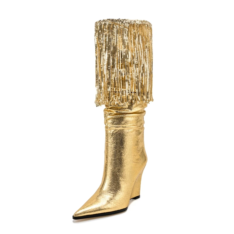 

Women's New Fashion Pointed Tassel Slope Heel High Heel Large Tall Boots Western Boots