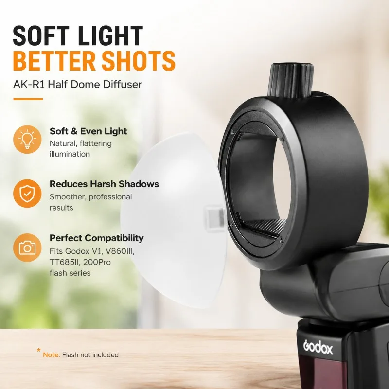 Half‑dome Flash‑diffuser & Barn‑door Light‑modifier Suited for Godox V1, V860III, TT685II, 200pro with AK‑R1 Mount, Soft‑light