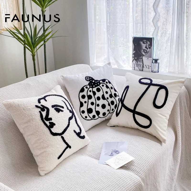 Nordic Minimalist Style Black And White Cream Art Plush High-End Sofa Embroidery Cushion Pillowcase Home Textile Products