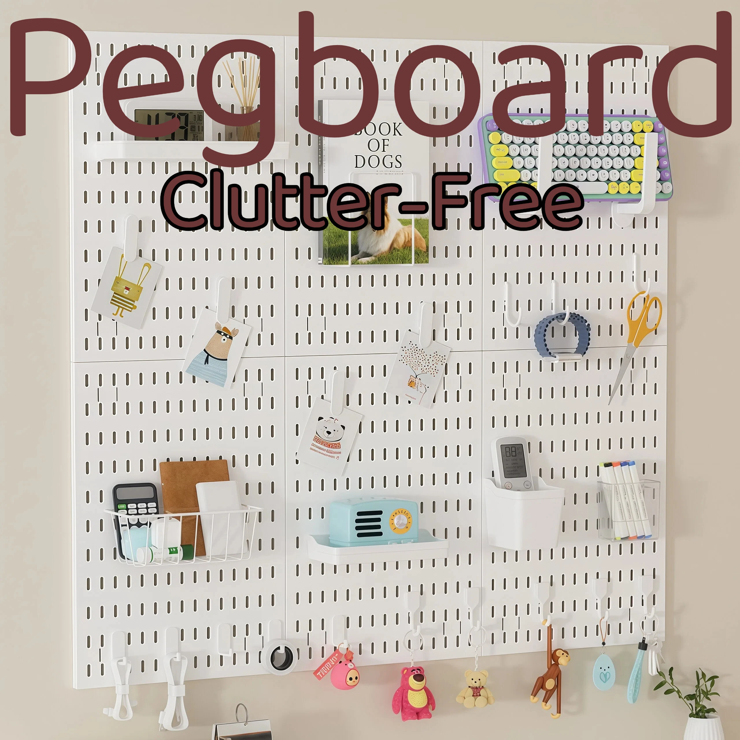 Modular Plastic Pegboard Wall Storage, DIY Combination Hole Panel with Multi-Type Hooks Basket Shelf for Office Supplies Desk