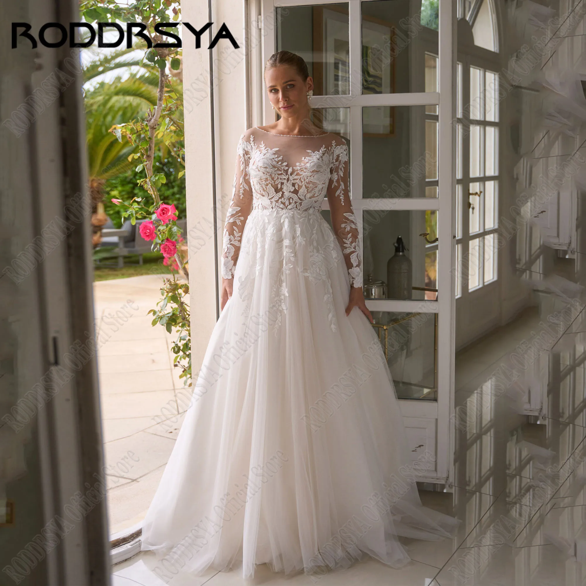 

RODDRSYA Wedding Dress Long Sleeves Beading A-Line Scoop Neck Bride Gowns For Woman Elegant Button Back Applique Sweep Train