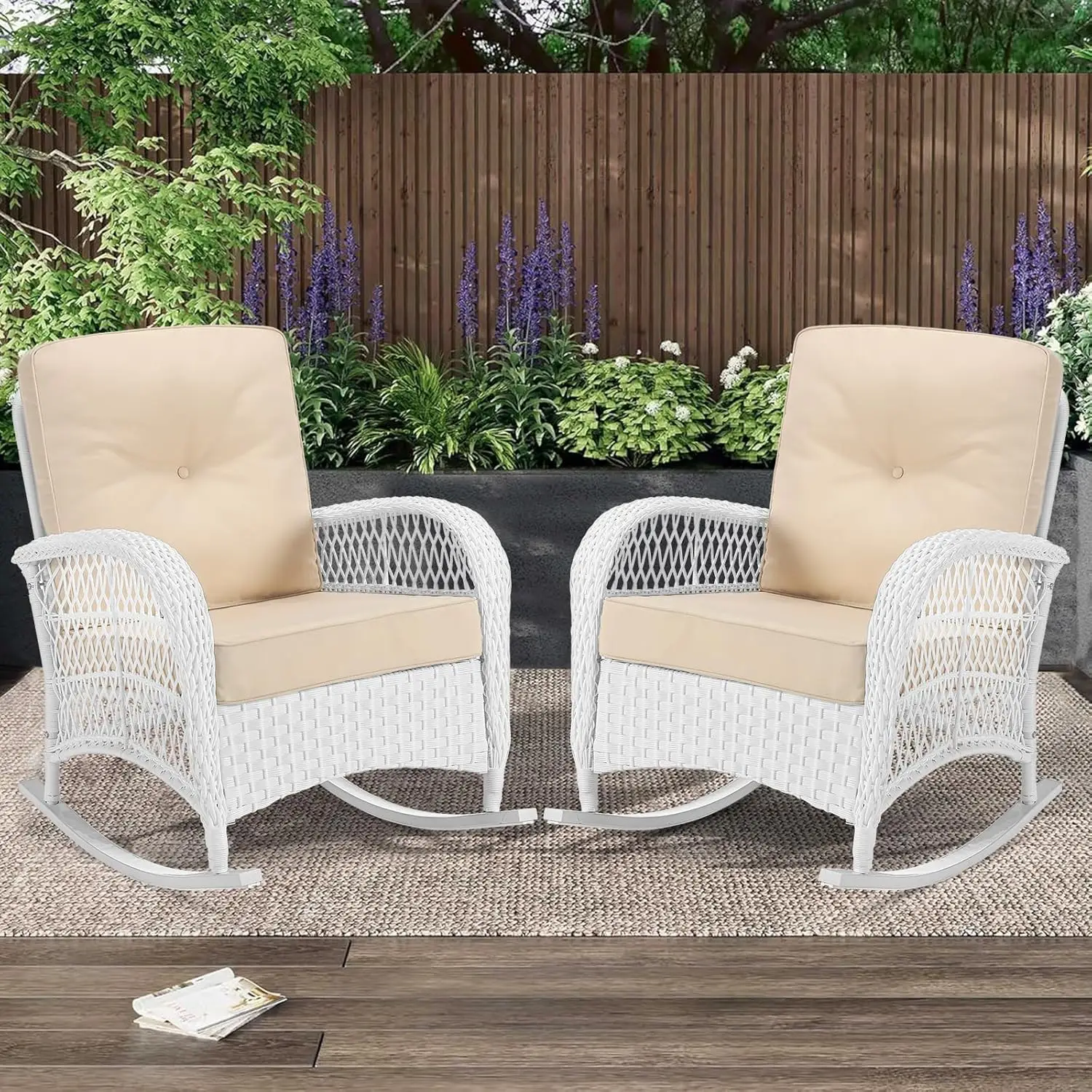 

Outdoor Wicker Rocking Chairs Set of 2, Rattan Patio Rocker Chairs with Thick Cushions and High Back, All-Weather Patio Wicker C
