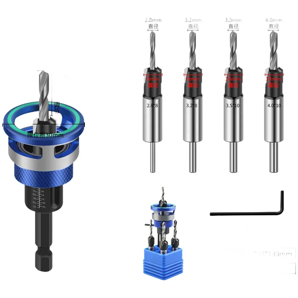 Adjustable Depth 4 Flute Countersink Drill Bit Set With Bearing 1/4