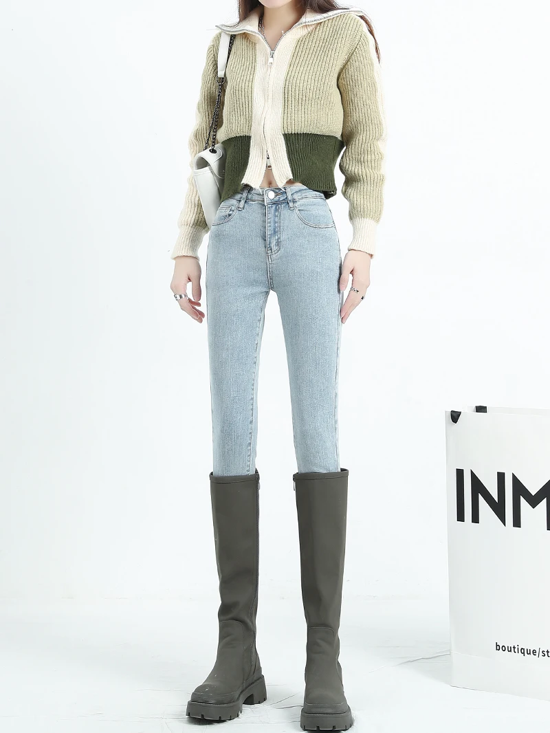 

Джинсы женские с высокой талией, облегающие, синие, расклешенные, зауженные, осенне-зимние, больших размеров, из хлопкового стрейч-денима