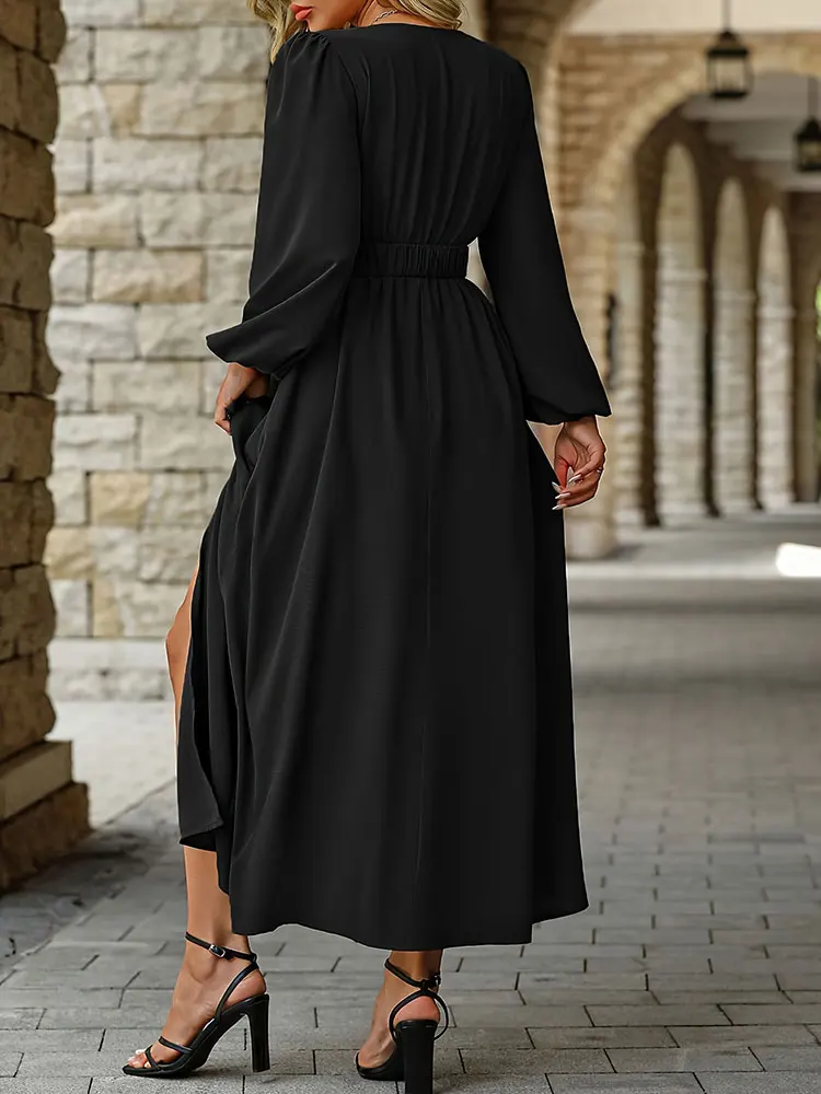 NewElegant تنحنح شق تنورة طويلة حجم كبير مثير الخامس الرقبة طويلة الأكمام ملابس النساء فساتين السهرة الأسود مع حزام فستان نحيل