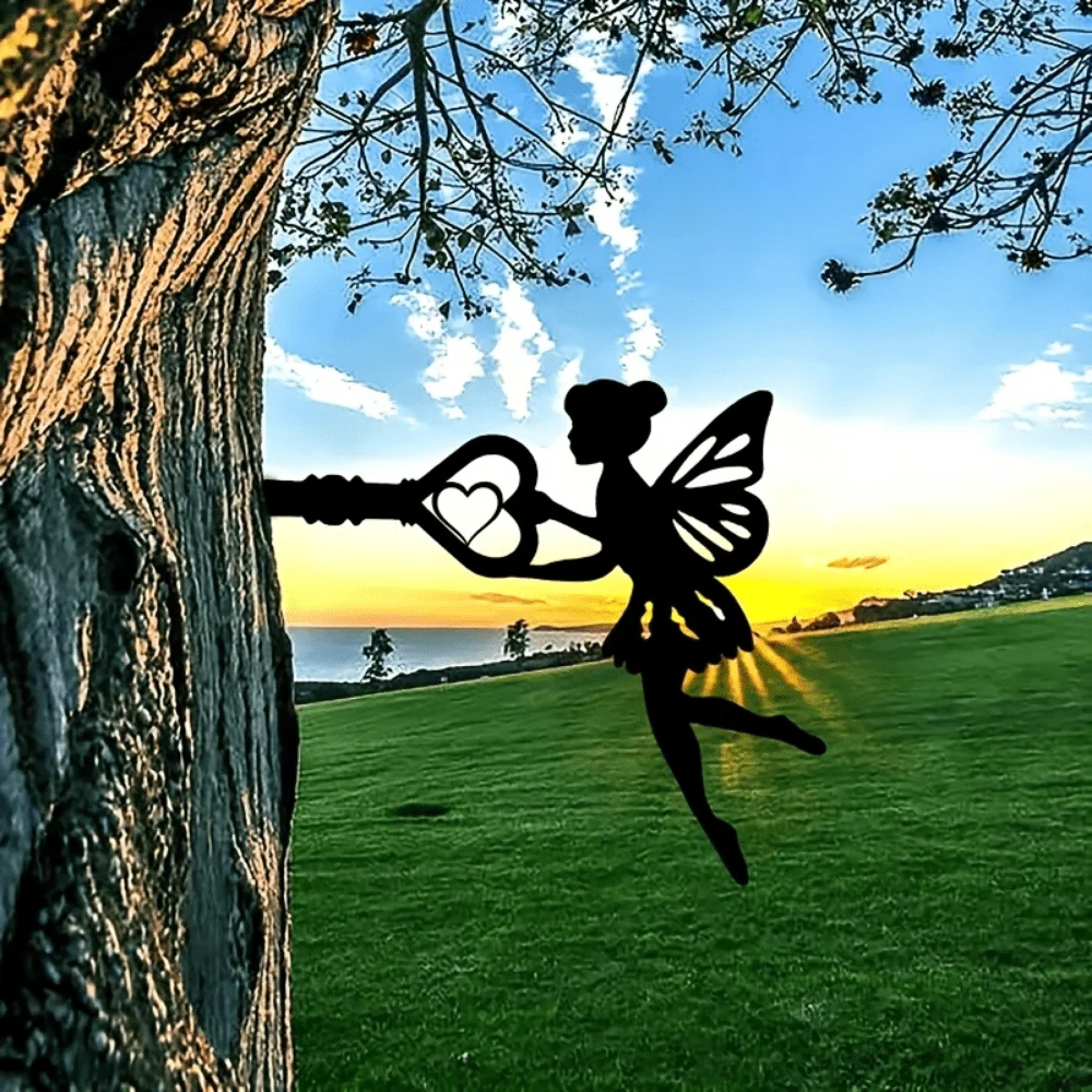 Angel On Branch Steel Silhouette Metal Art Fairy Silhouette Ornament Wall Art Home Garden Yard Patio Outdoor Statue  Decoration