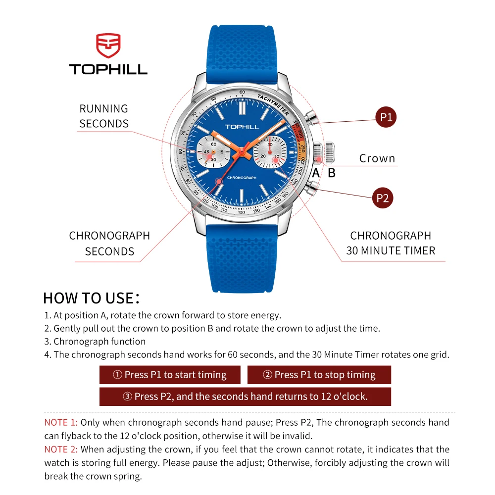 TOPHILL 1963 Pilot Chronograph Watch for Men 40mm Sapphire Glass Original Seagull ST1901 Movement Mechanical Wristwatches