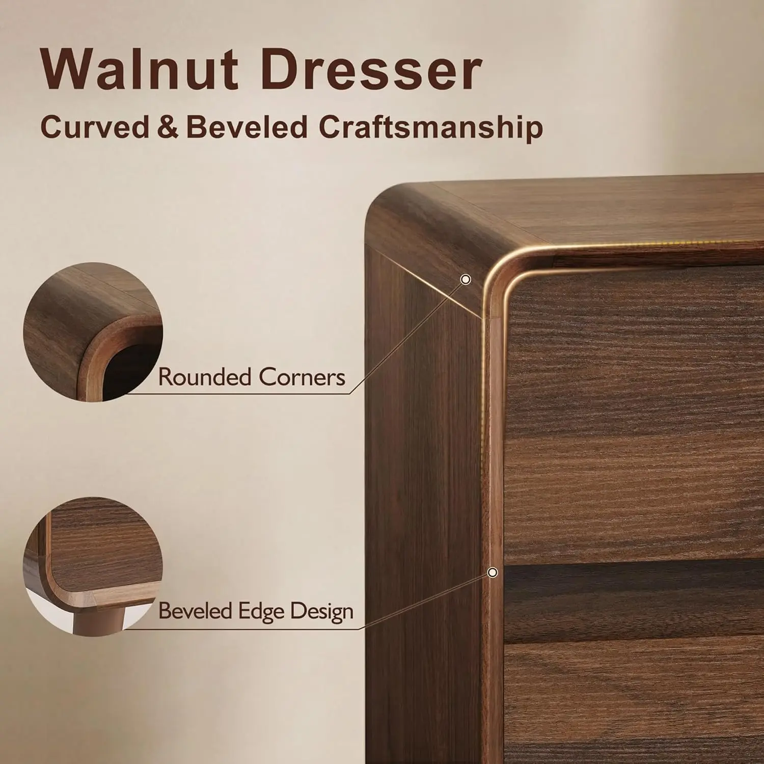 6 Drawer Mid Century Modern Wood Dresser Storage for Bedroom Hallway Entryway Walnut, Customized image 6