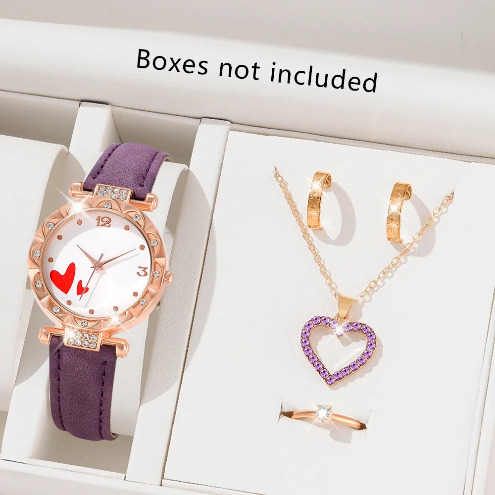 5PCS/Set Women Fashion Diamond Quartz Watch Purple Heart Pattern PU Wristwatch And Alloy Chain Jewelry Set