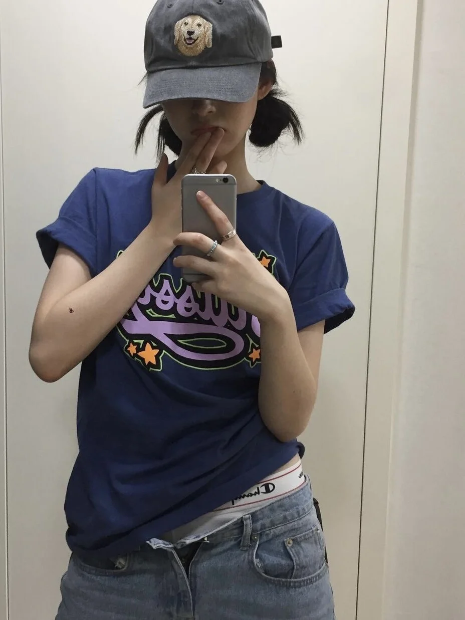 슬림핏 순면 티셔츠 여성 캐주얼 슬리브 만화 패턴 프린트 여름 신상 어깨 너비 약...