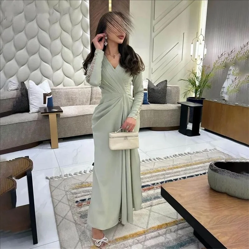 

V - Neck Pistachio Green Party Dress Graceful Long Sleeves Prom Dresses with Embellished Cuffs Evening Dress Customized