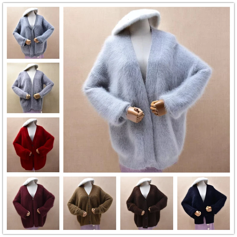 

Ladies Women Spring Autumn Fashion Grey Hairy Mink Cashmere Knitted Long Sleeves Loose Cardigans Angora Fur Sweater Jacket Pull