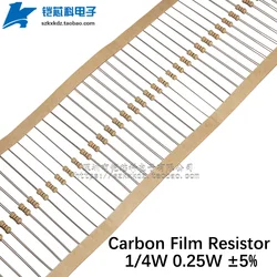 100Pcs Carbon Film Resistor 1/4W 0.25W 5% 0R 1R-10M 10 12 33 62 100 120 470 Ohm 1K 10K 100K 12 24KOhm   Color Ring Resistance