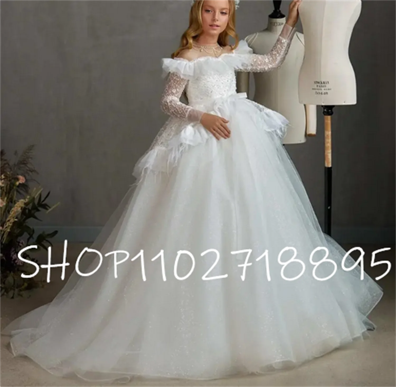 Glitzer Tüll weiß Erstkommunion Kleid für Mädchen Blumen Ballkleid Prinzessin voller Ärmel Abschluss ball Festzug Kleid Blumen mädchen Kleid