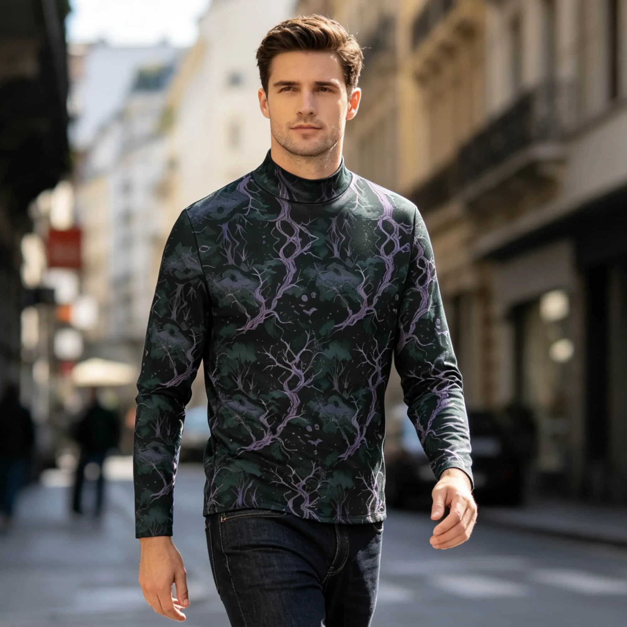 Halloween Style Men Mock Neck Long Sleeve T Shirt Dark Forest Bat Twisted Branch Full Print Pullover