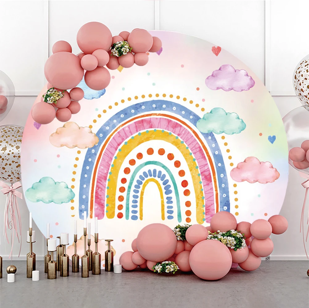 1st Princess Baby Birthday Bohemian Backdrop Photo Rainbow Sunshine Clouds Flower Kids Love Party Decorative Round Background