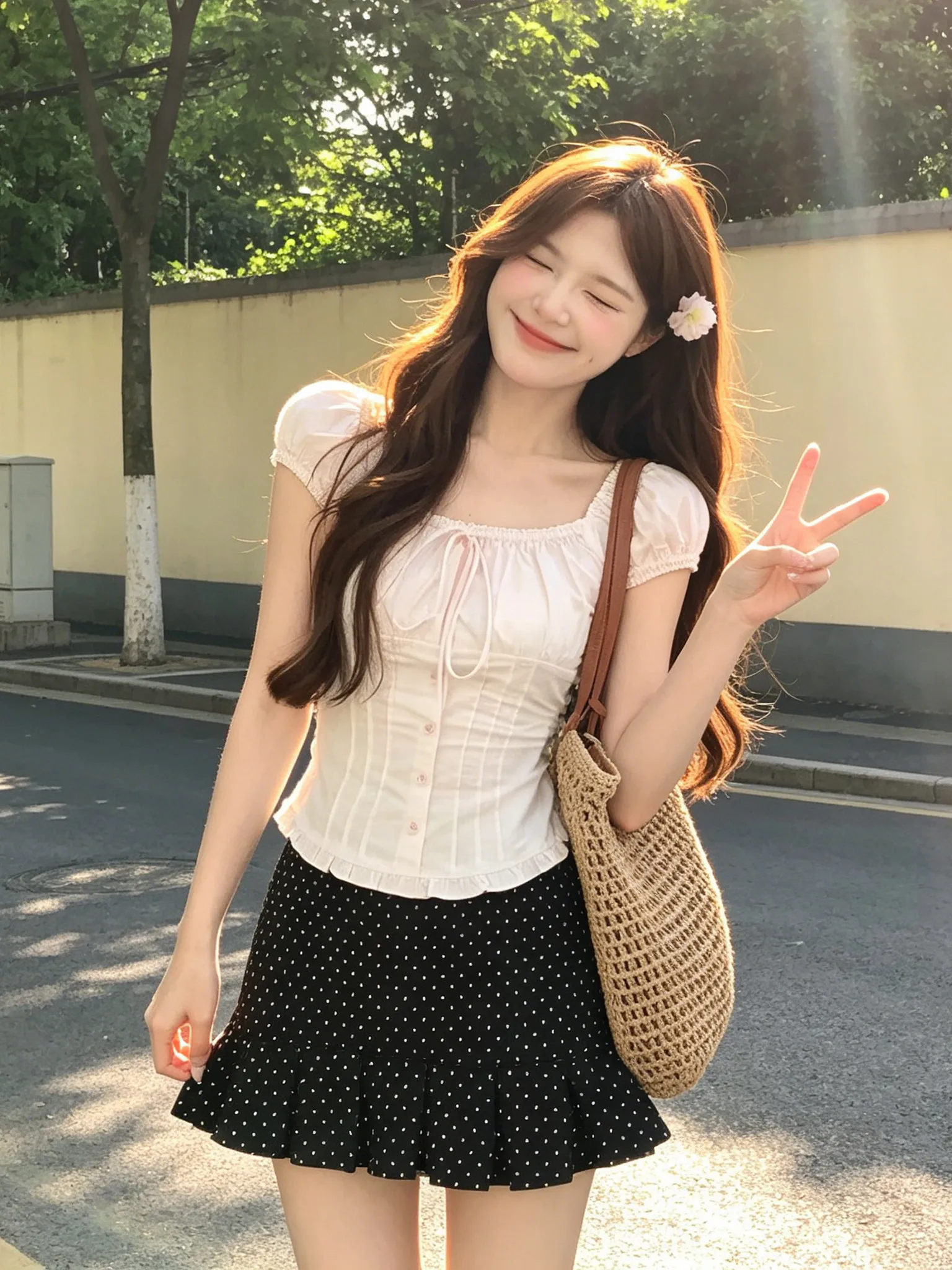 

Sweet Pink Bow Tie Square Collar Bubble Sleeve Shirt Women's Summer 2026 New Slimming Short Top Korean Style Commute Fashion
