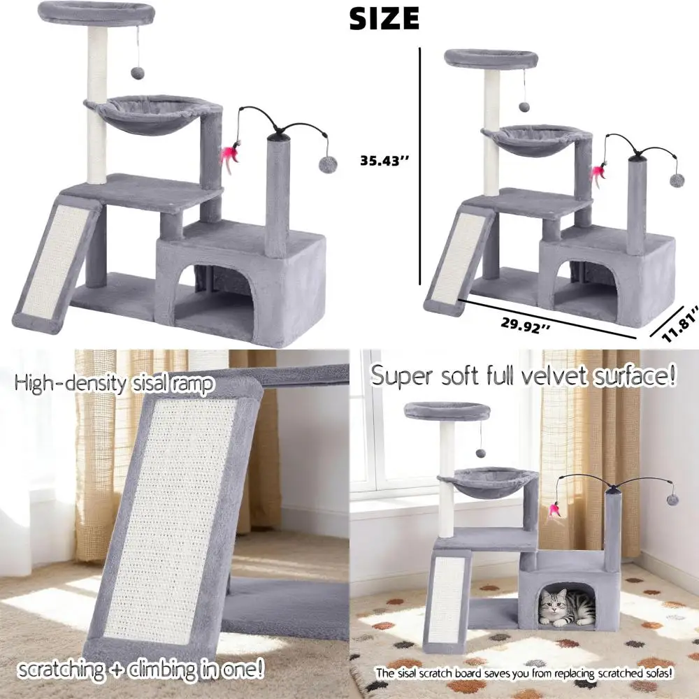 

Luxury Cat Condo with Scratching Board, Rotating Toy, Deep Hammock for Big Cats (Grey)
