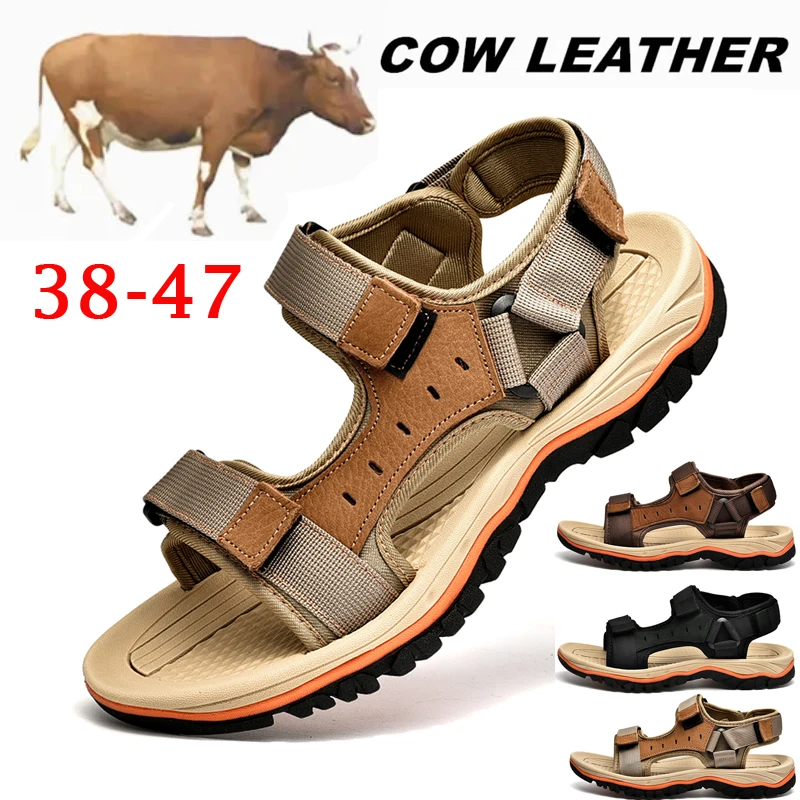 Summer Men's Genuine Leather Sandals Outdoor Roman Sandals Beach Anti slip Casual Lightweight Open Toe Boys' Sports Sandals