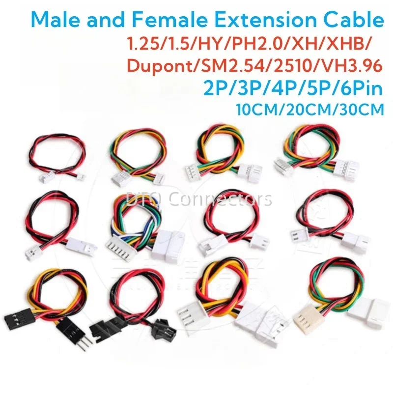 Multi-Specification Connector Extension Cable - 1.25/1.5/PH2.0/XH/XHB/Dupont/SM2.54/2510/VH3.96, 2-6P Male Female Plug Socket Wi