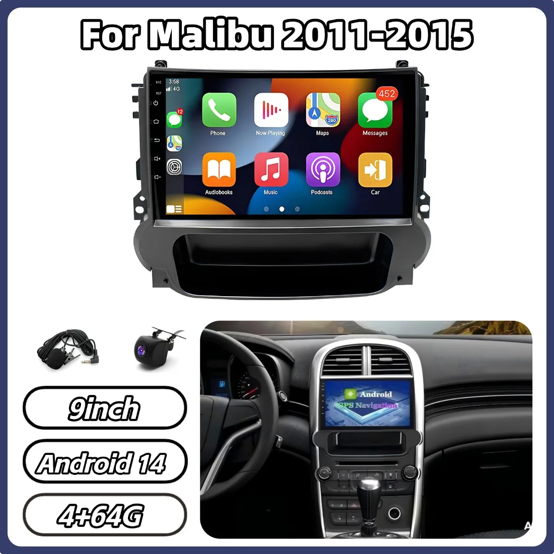 

Автомагнитола 4+64 ГБ, 9 дюймов, с CarPlay, GPS-навигацией для Malibu 2011-2015, Android 14, Android Auto, Bluetooth, аксессуары