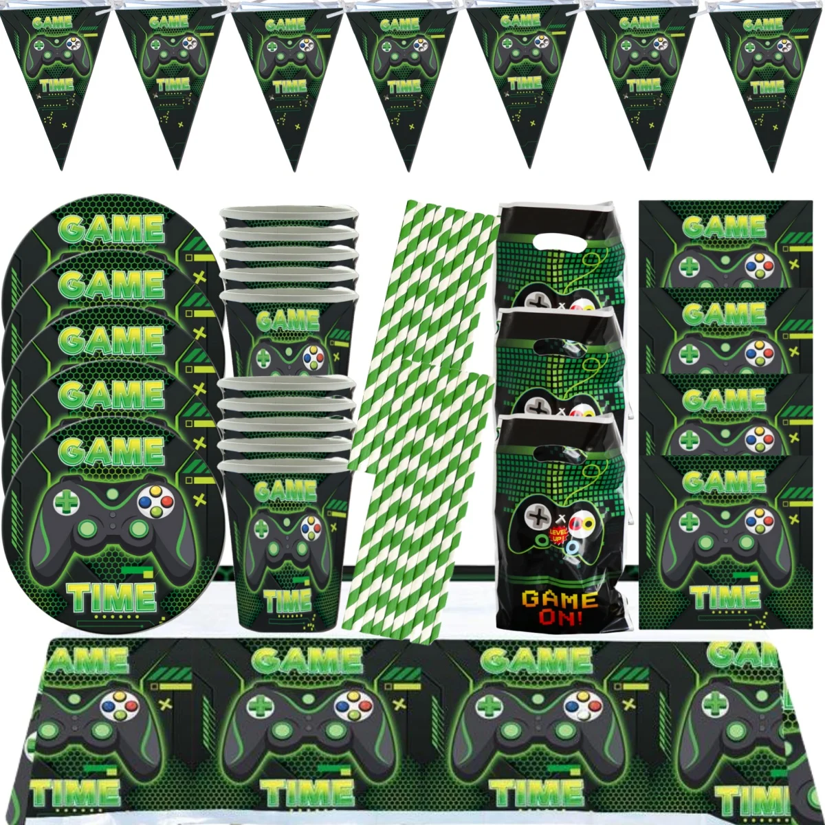 

Green Video Game Happy Birthday Party Decoration Disposable Tableware Set For 10pepole Gamepad Balloon Boys Game Party Supplies