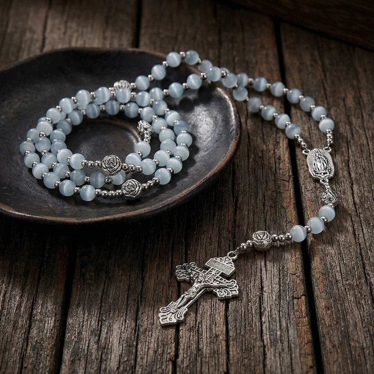 Catholic Rosary White Cat Eye Natural Stone Virgin Mary Cross Pendant Necklace for Women and Men Jewelry Gift