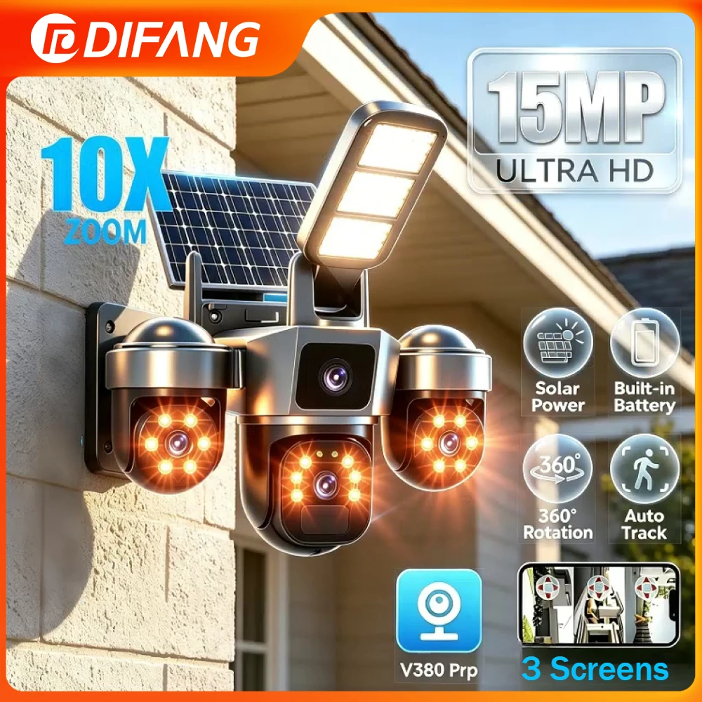 15MP WIFI Solar Camera With Solar Lighting 3 Screen 10X Zoom Outdoor 4G Sim Card Solar Security Cameras V380 Pro
