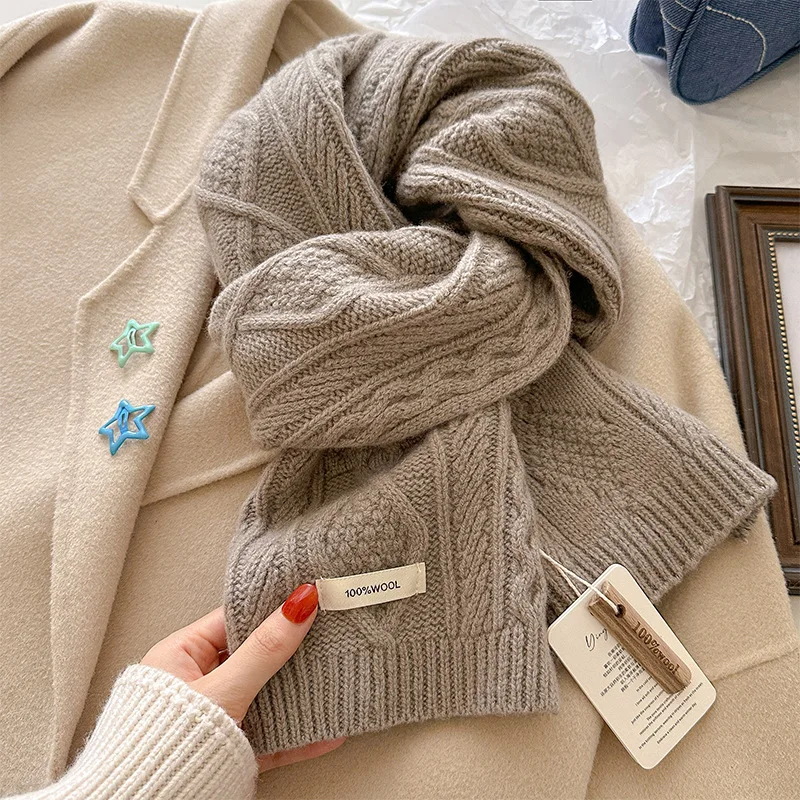 Luxury 100% Wool Scarf Women Mens Thick Cable Knitted Wrap Chunky Warm Scarf Warm Cashmere Scarves Neckercheif Christmas Gift view 6
