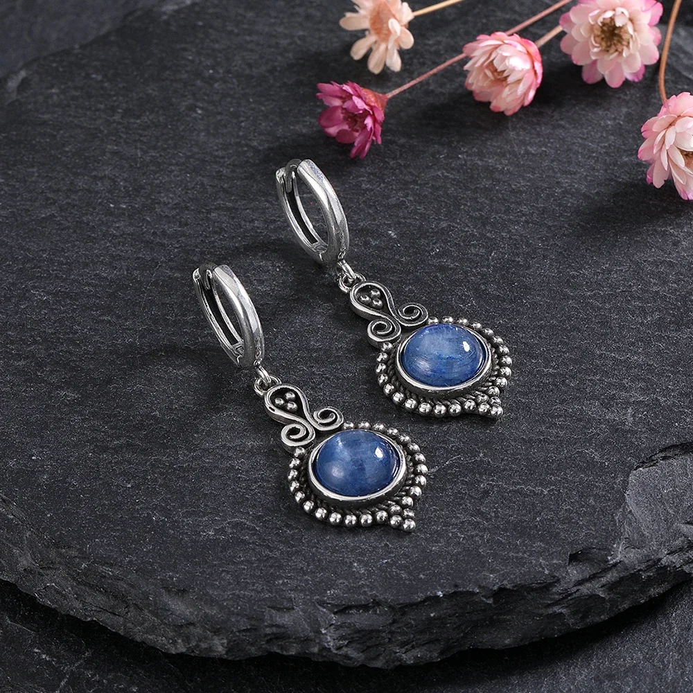 New Elegant Natural Kyanite Silver Drop Earrings for Women Vintage Jewelry Wedding Engagement Hoop Earrings Gifts