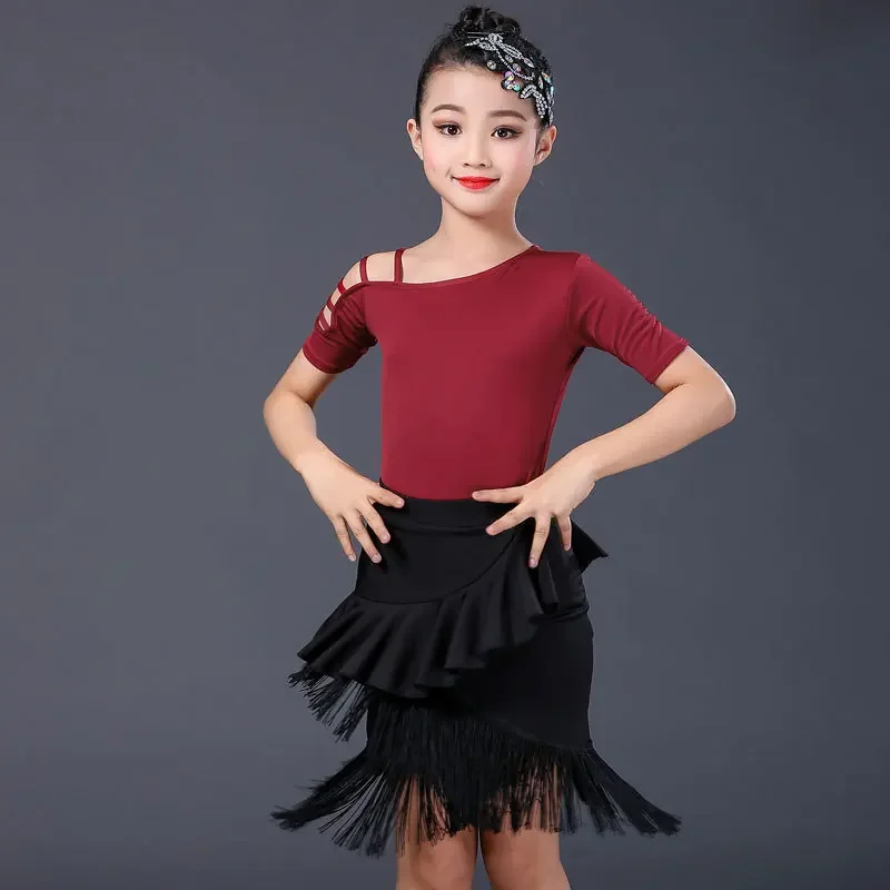 Vestido latino com lantejoulas com franjas para crianças, performance de palco, vestido de competição para meninas