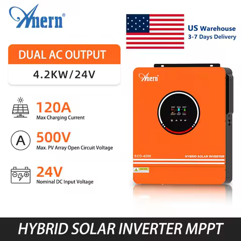 Anern 4200W 6200W Hybrid Inverter 24v Mppt on Grid Off Grid Inverter 48v 230V PV Input Max 500vdc MPPT 120A Charger