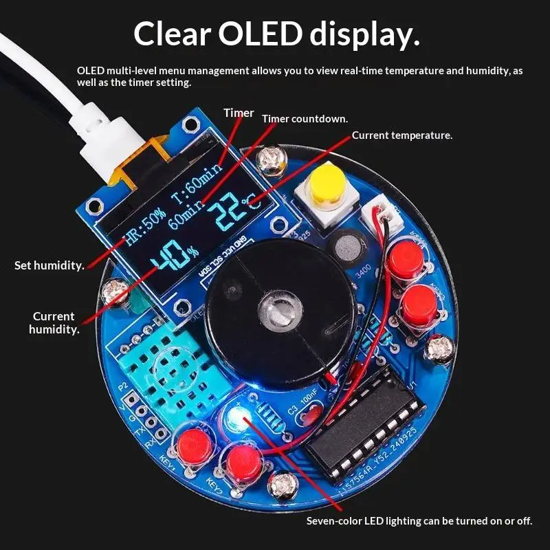 USB Humidifier Mist Electronic Diy Kit Oled Display Temperature And Humidity Spray Circuit Board Manufacturing Welding Practice