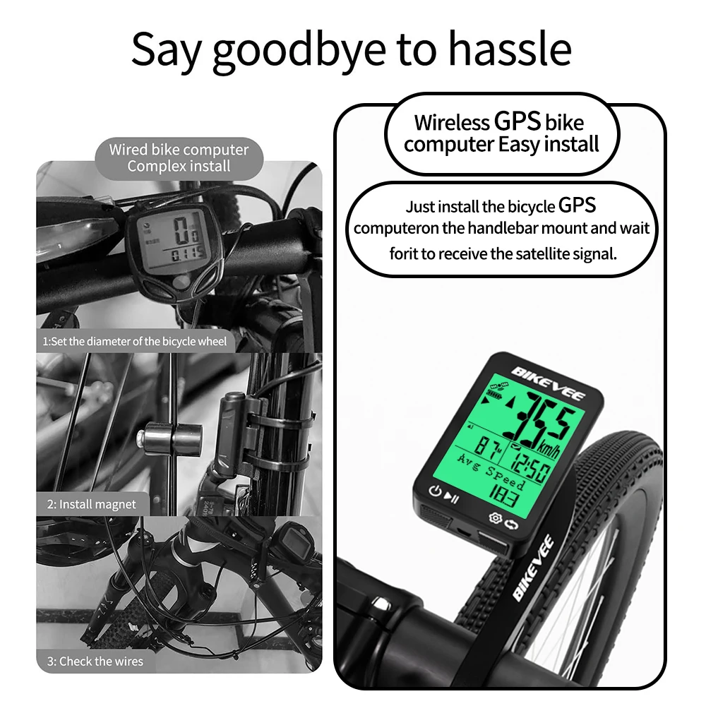 Bikevee Outdoor Bike Riding Speedometer GPS Wireless Cycling Computer Newest 2.4 LCD Display Bicycle Odometer MPH KM/H Multi-lingual Waterproof Rechargeable Bicycle Accessories Tracker with Auto Start/Stop/Backlight view 2