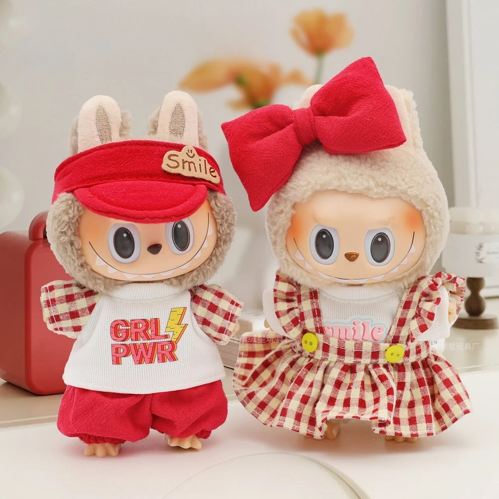 

Кукольная одежда для 15/17 см, плюшевая кукла Labubu для девочек, клетчатое платье с бантом, аксессуар для волос, кепка с уткой, футболка, комплект куклы, пара