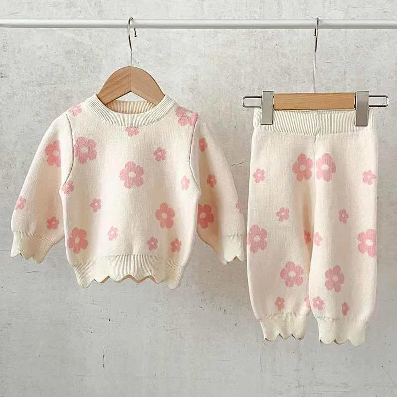 2024 New Autumn Toddler Baby Girl Knitted Clothes Suit Long Sleeved Knitted Printed Pullover Shirt+Pants Children Clothes Set