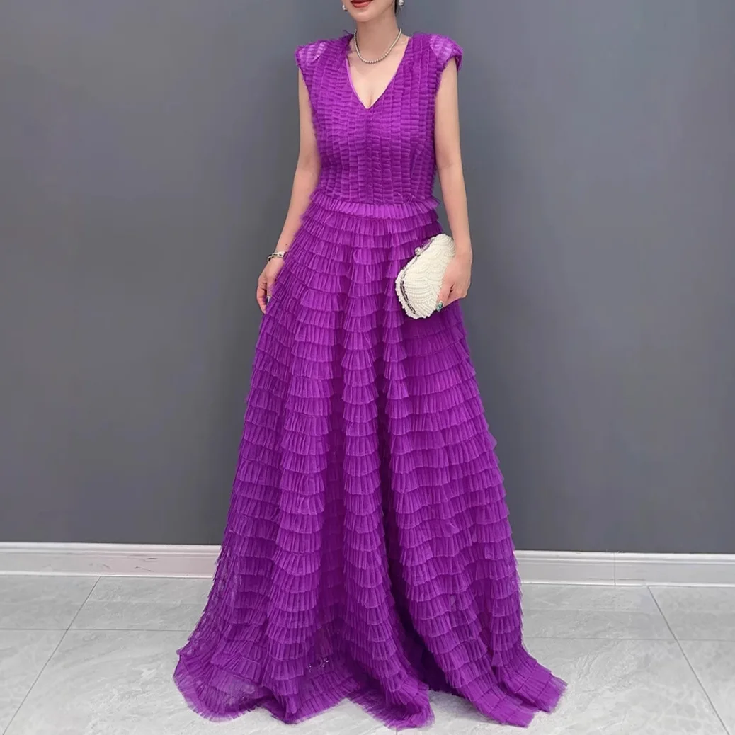 

Summer New Elegant Purple Loose Long Dresses For Women Fashion V Neck Sleeveless Dress Female Ruffles Pleated Dress