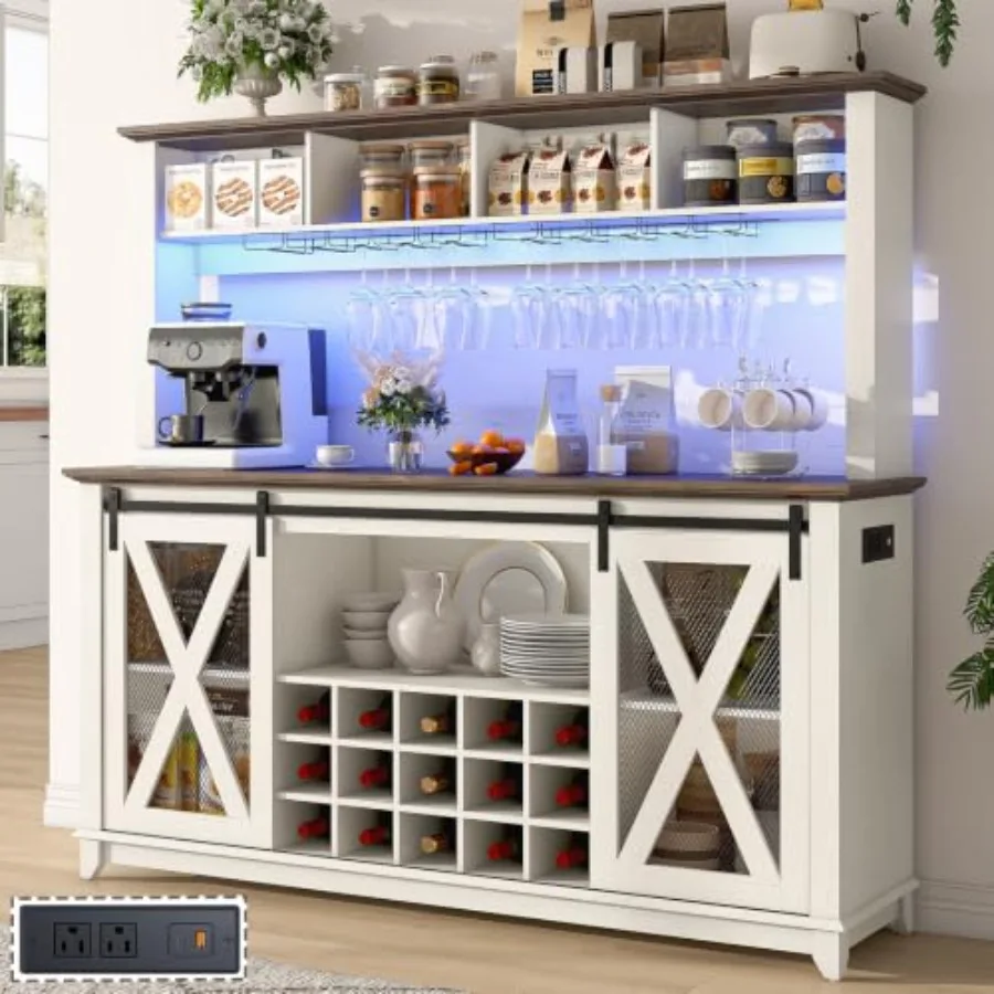 Farmhouse coffee bar cabinet for kitchen dining room, wood, white, 63W×58H with power outlet, LED light, 4-storage hutch, 15 wi