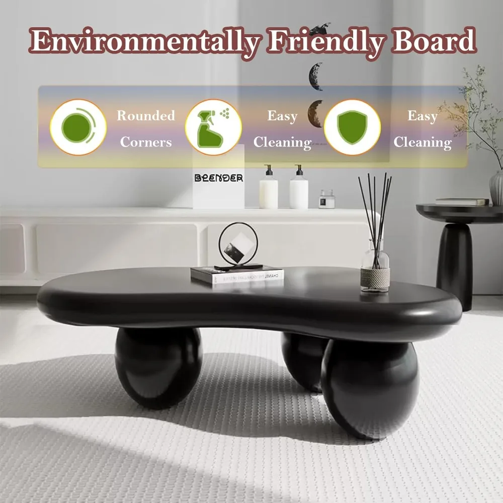 طاولة قهوة سوداء غير متماثلة مع 3 أرجل بيضاوية مستقرة، طاولة مركزية سحابة أنيقة حديثة - وجبات خفيفة للكمبيوتر المحمول وكتب المقهى #5