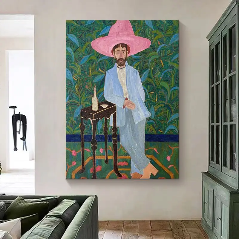

American retro abstract hand-painted oil painting living room porch wabi-sabi wind decoration pink hat figure niche hanging