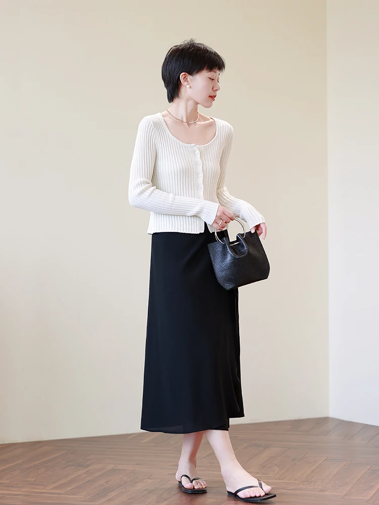 

Retro High Waist Slimming Bla Silk f Skirt One-Piece Design Belted Wrap Dr Two-Way Wear Casual A-Line Skirt