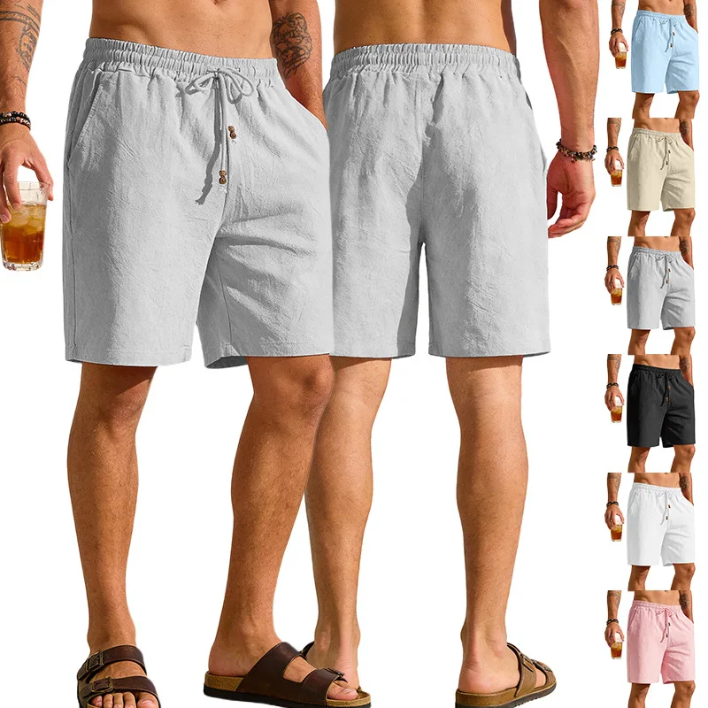 2026 Summer New Men's Solid Color Cotton and Linen Shorts Loose Sports Casual Beach Pants Men