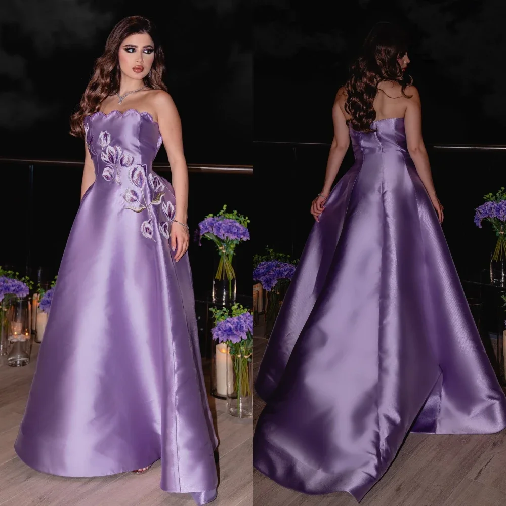 

Formal Gown Prom Saudi Arabia Asymmetrical A-line Floor Length Contoured Applique 3D Flower Bespoke Occasion Dresses Evening Dre